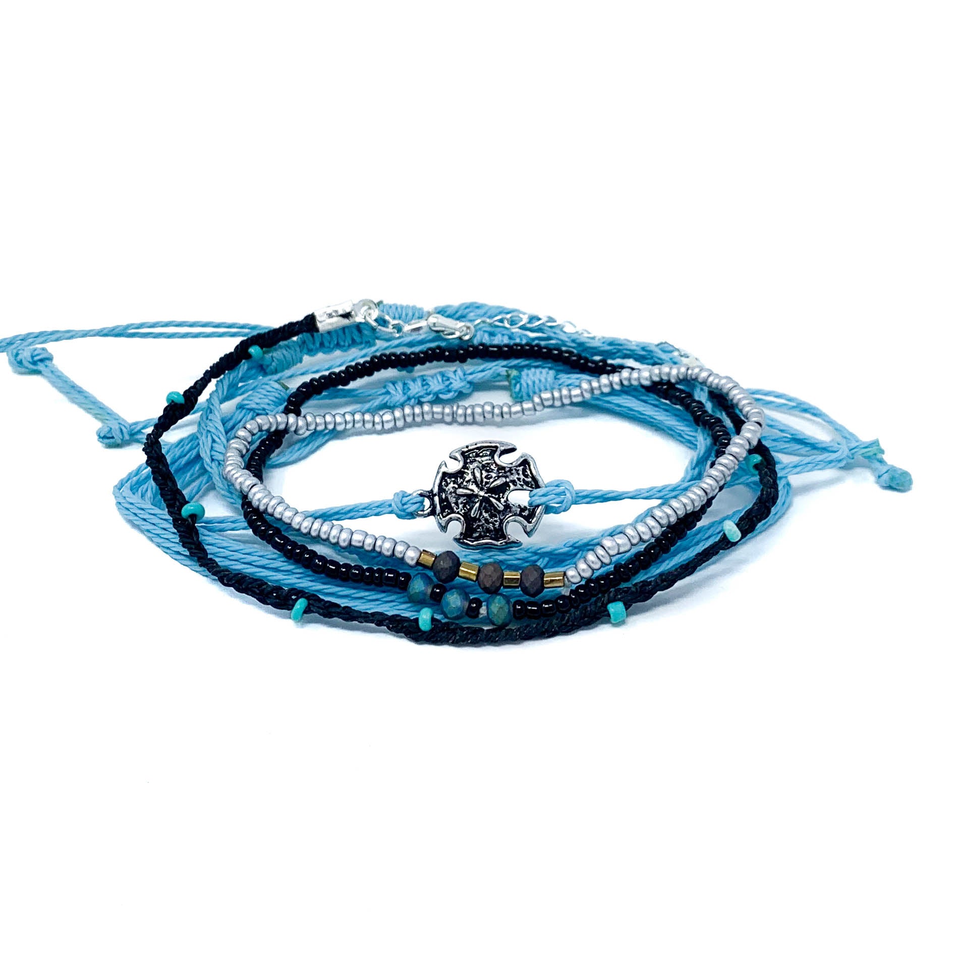 blue and black string beaded bracelet stack