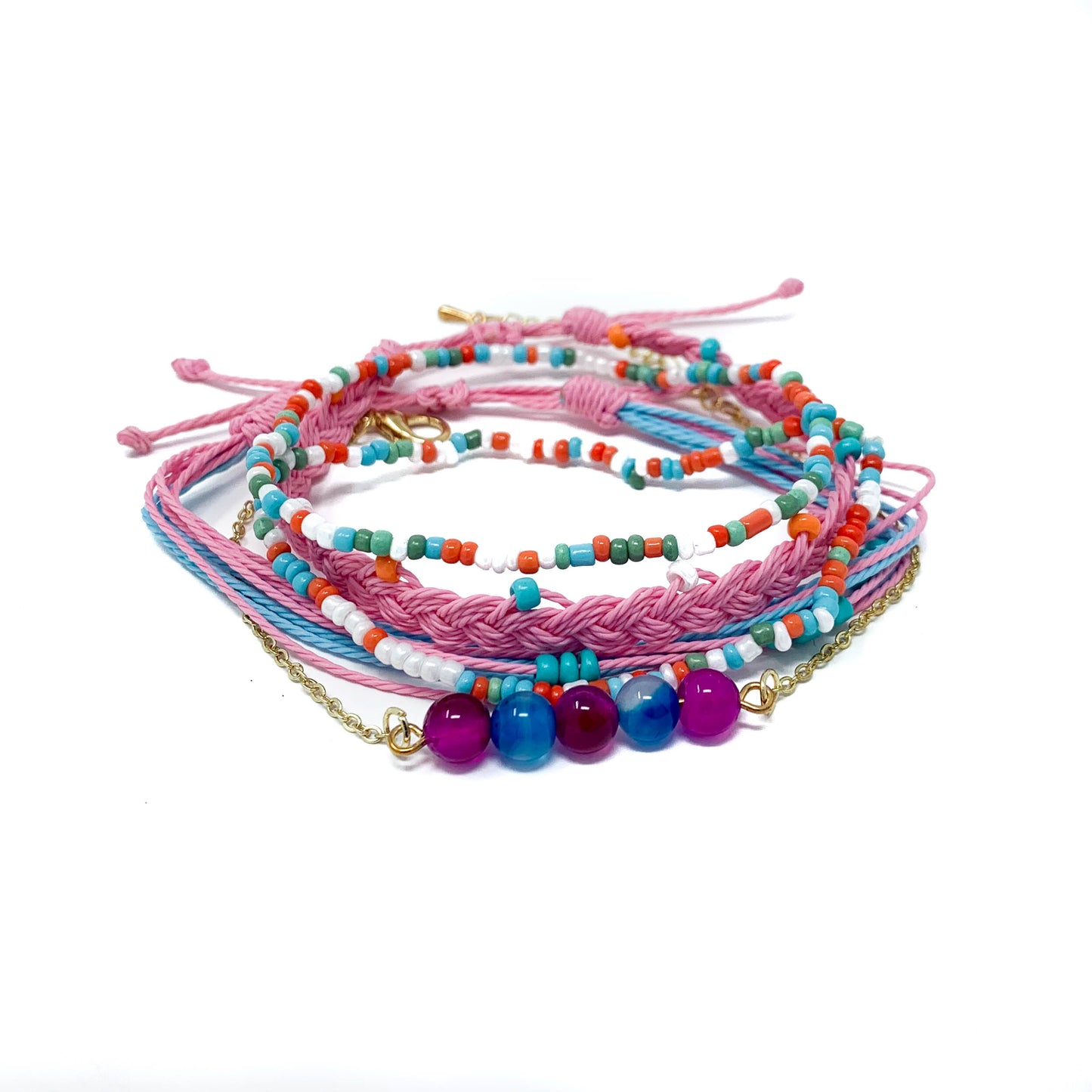 charming shark pink bead string bracelet stack