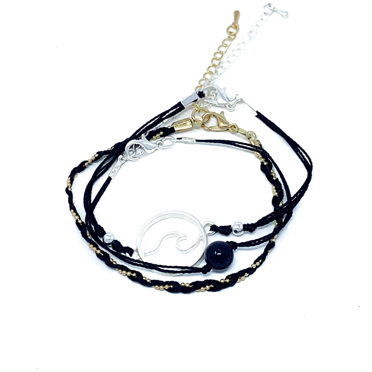 black string and bead wave bracelet pack