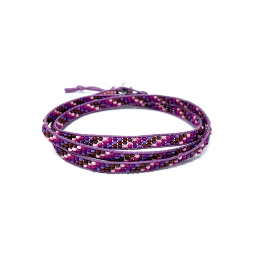 purple pink seed bead triple wrap beaded bracelet