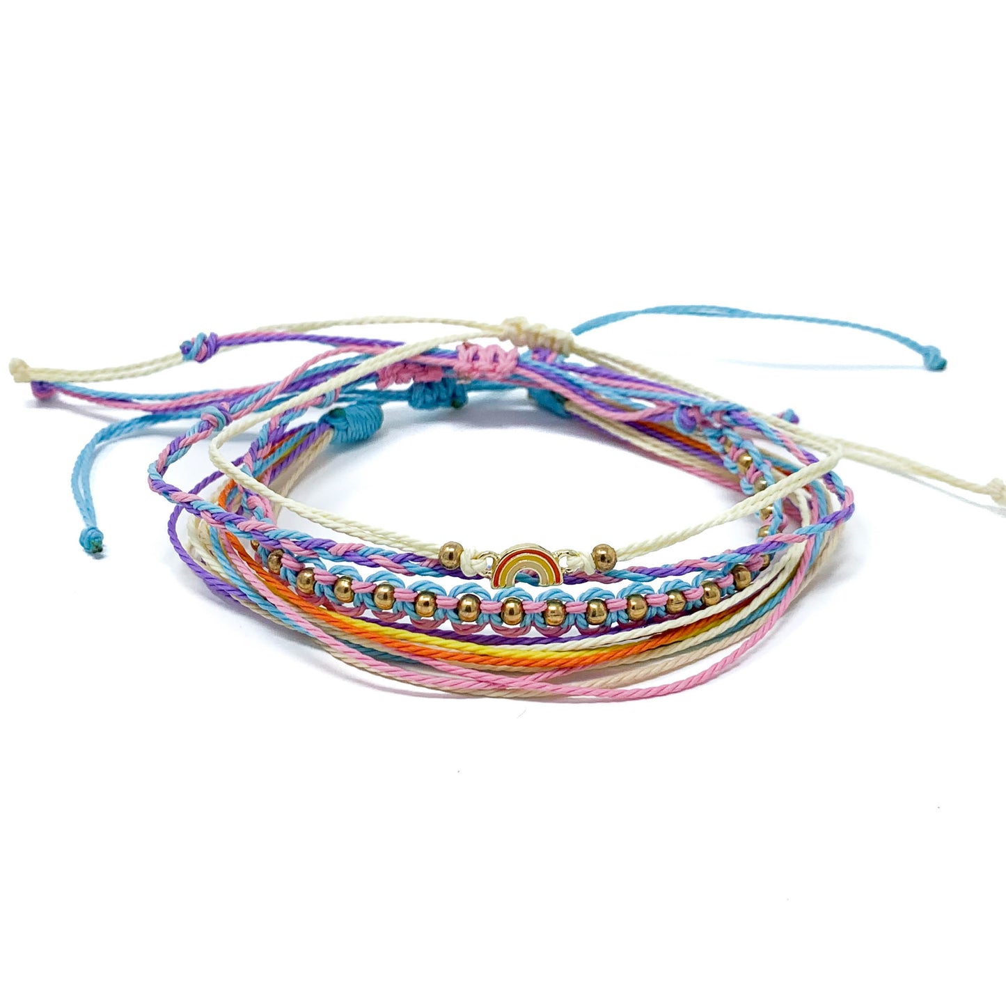 rainbow string bracelet stack