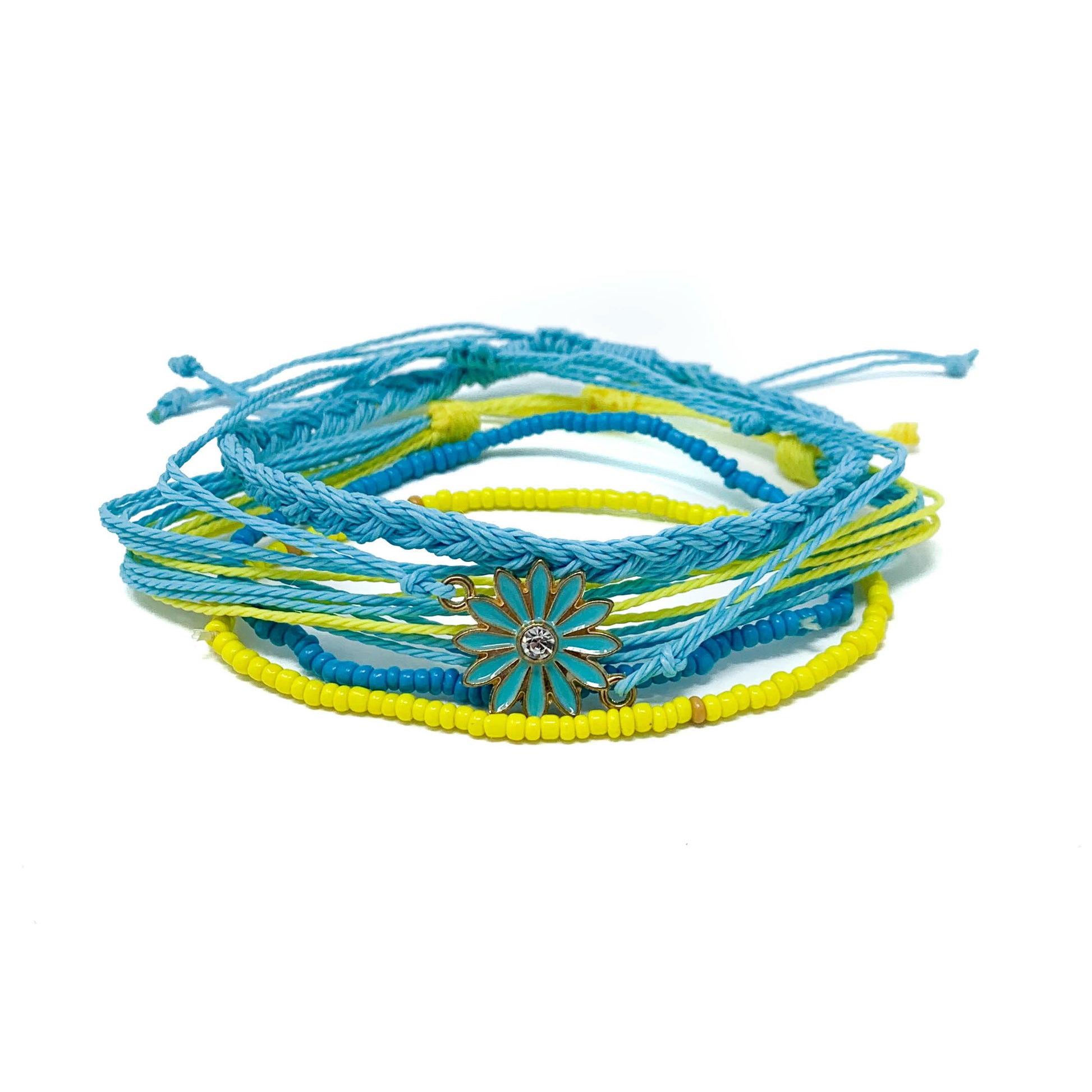 flower string beach bracelet stack 