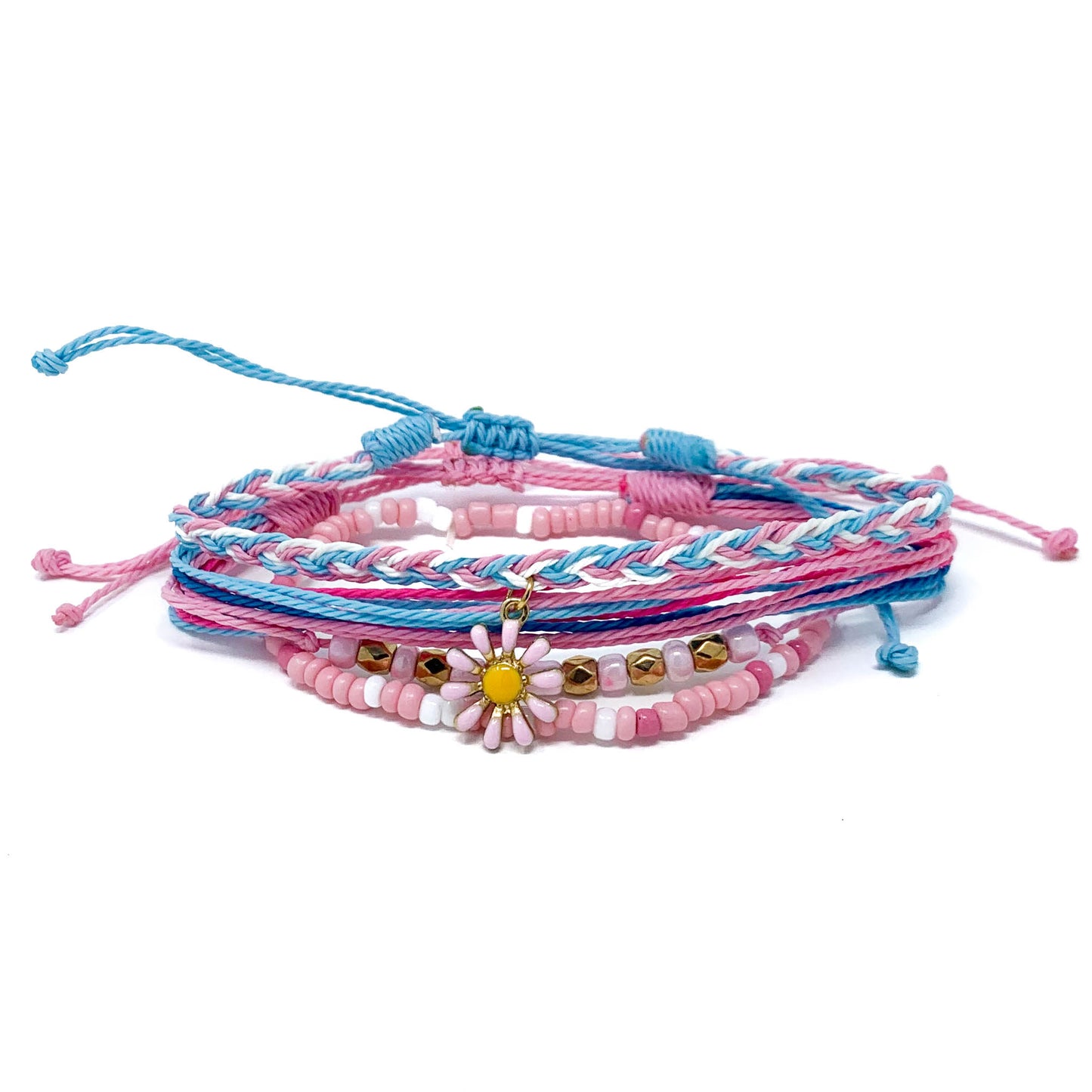 pink daisy spring string bracelet stack pack