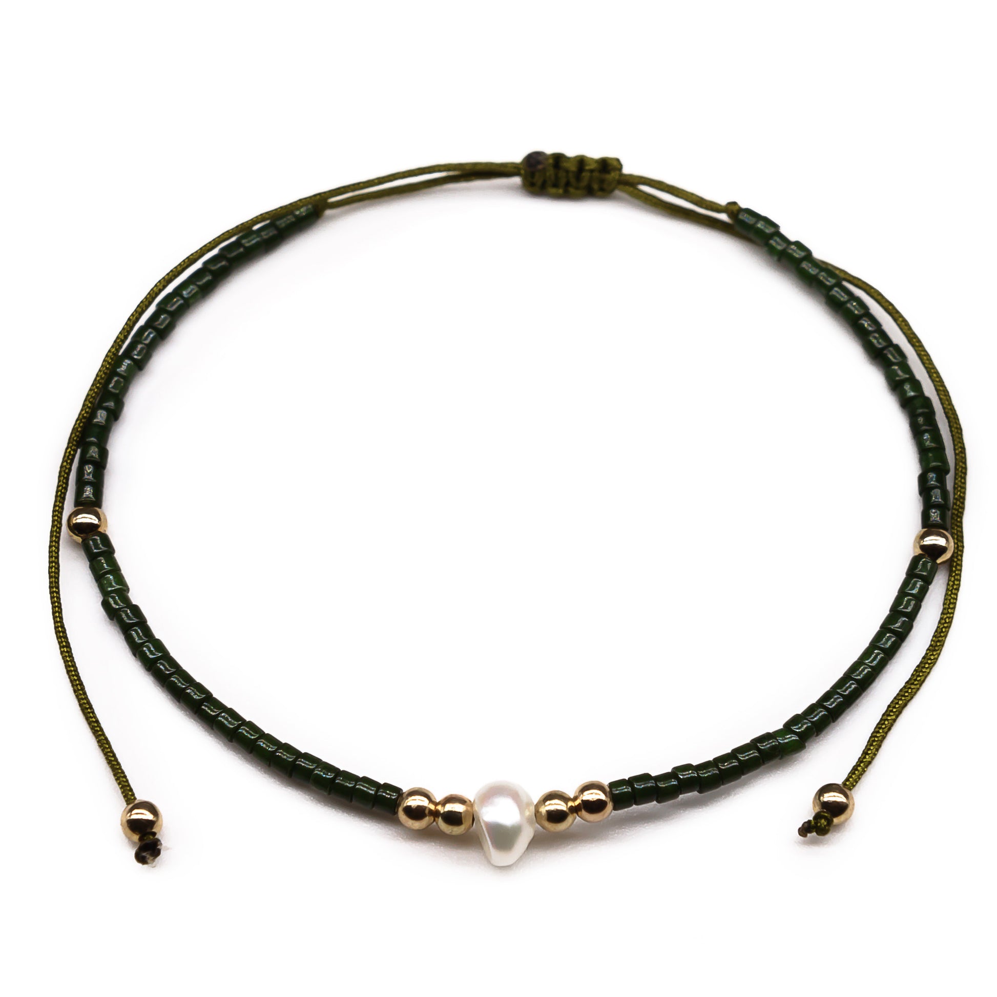 pearl dark green beaded seed bead string bracelet