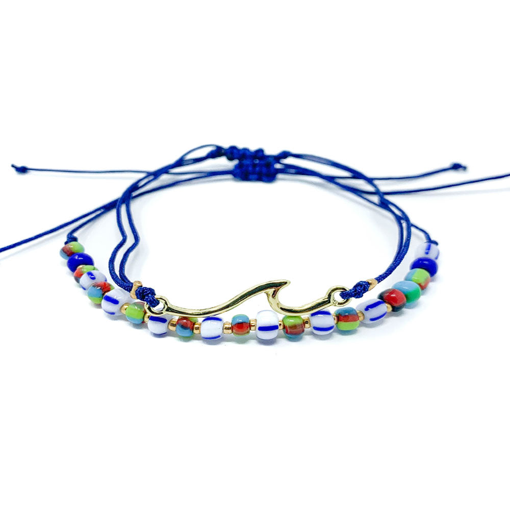 Wave beach bracelet beaded and string Blue