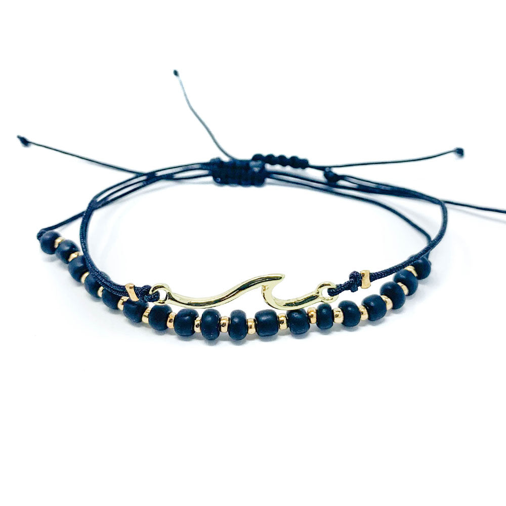 Wave beach bracelet beaded and string navy blue