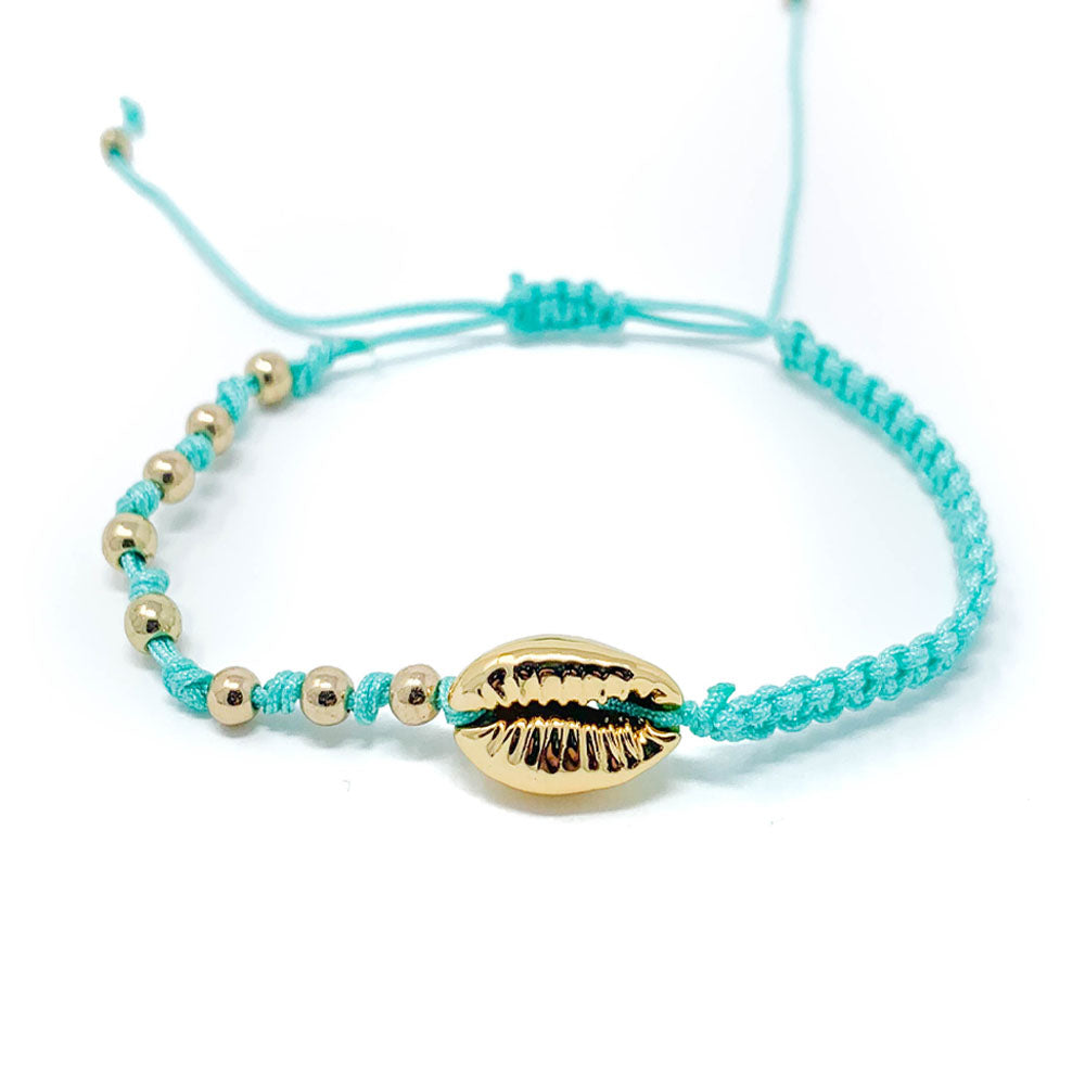 Gold Cowrie Charm Beaded Bracelet Aqua Turquoise