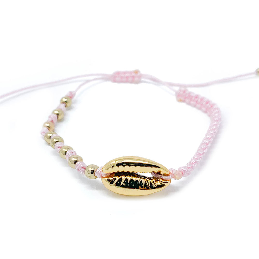 Gold Cowrie Charm Beaded Bracelet Pink