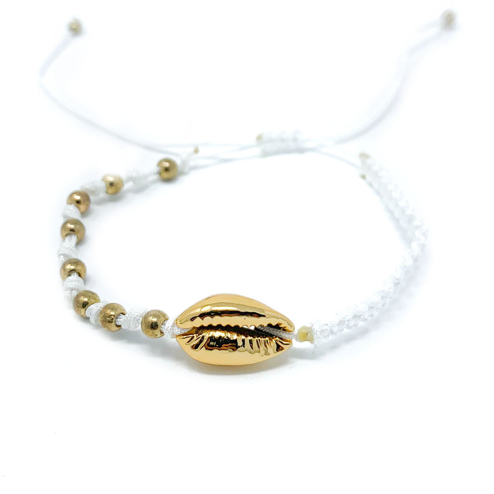 Gold Cowrie Charm Beaded Bracelet White