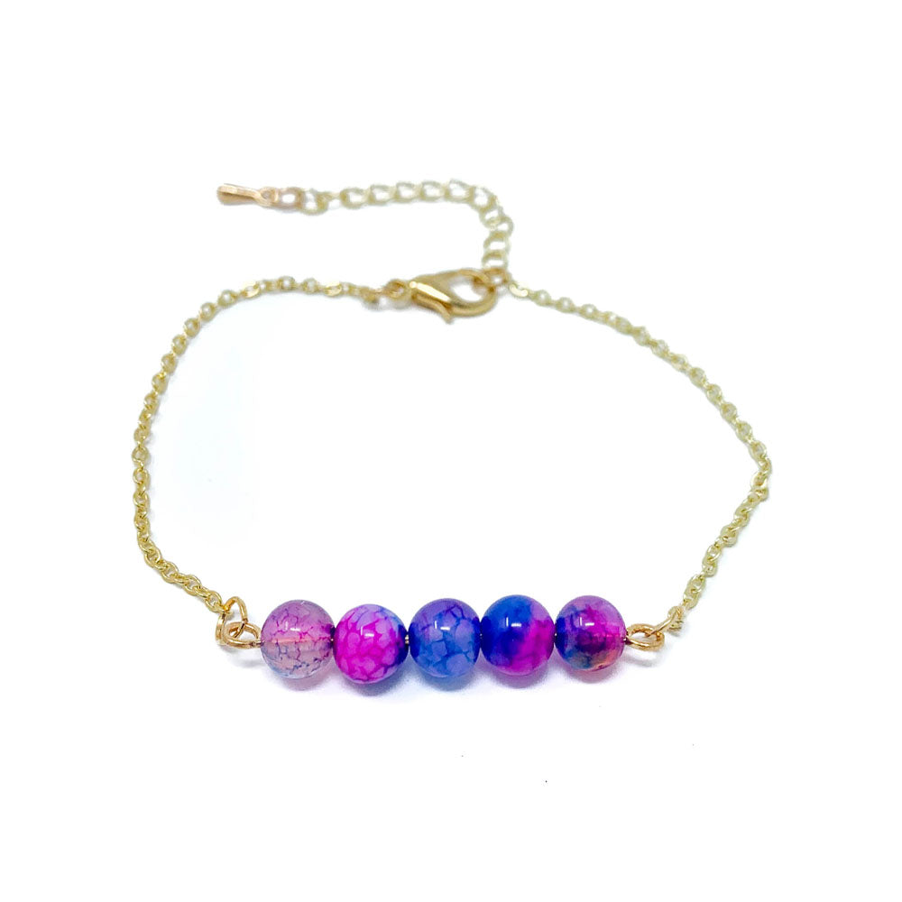 Beads on Gold Chain Dainty Bracelet Pink Blue