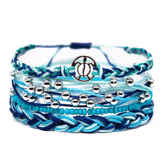 blue cute girls beach style sea turtle string bracelet stack