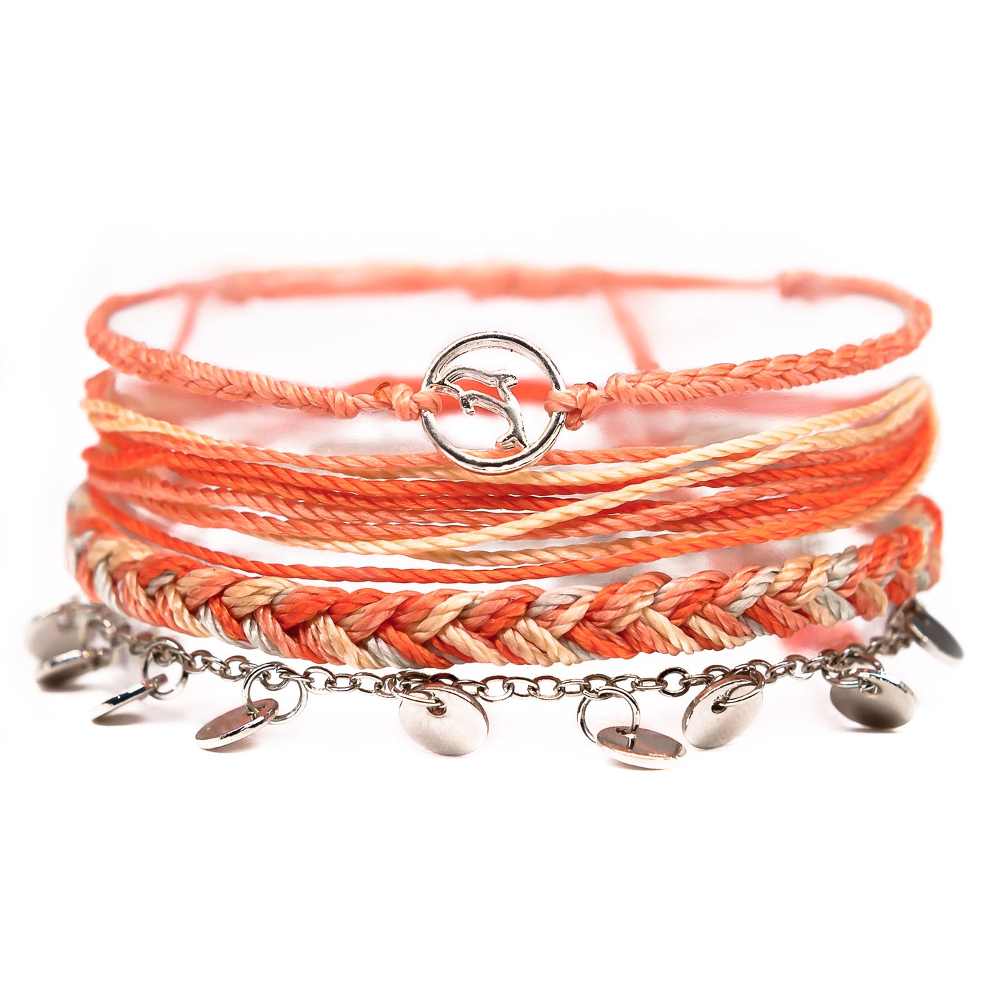 orange dolphin string bracelet stack