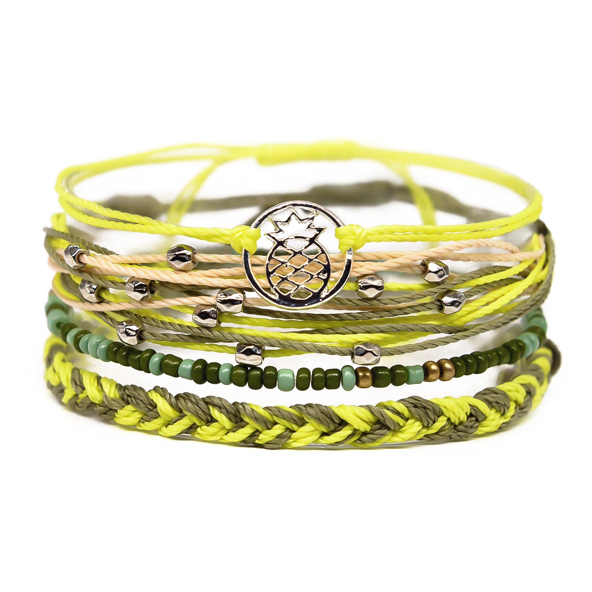 green blue and orange girls pineapple charm bracelet stack