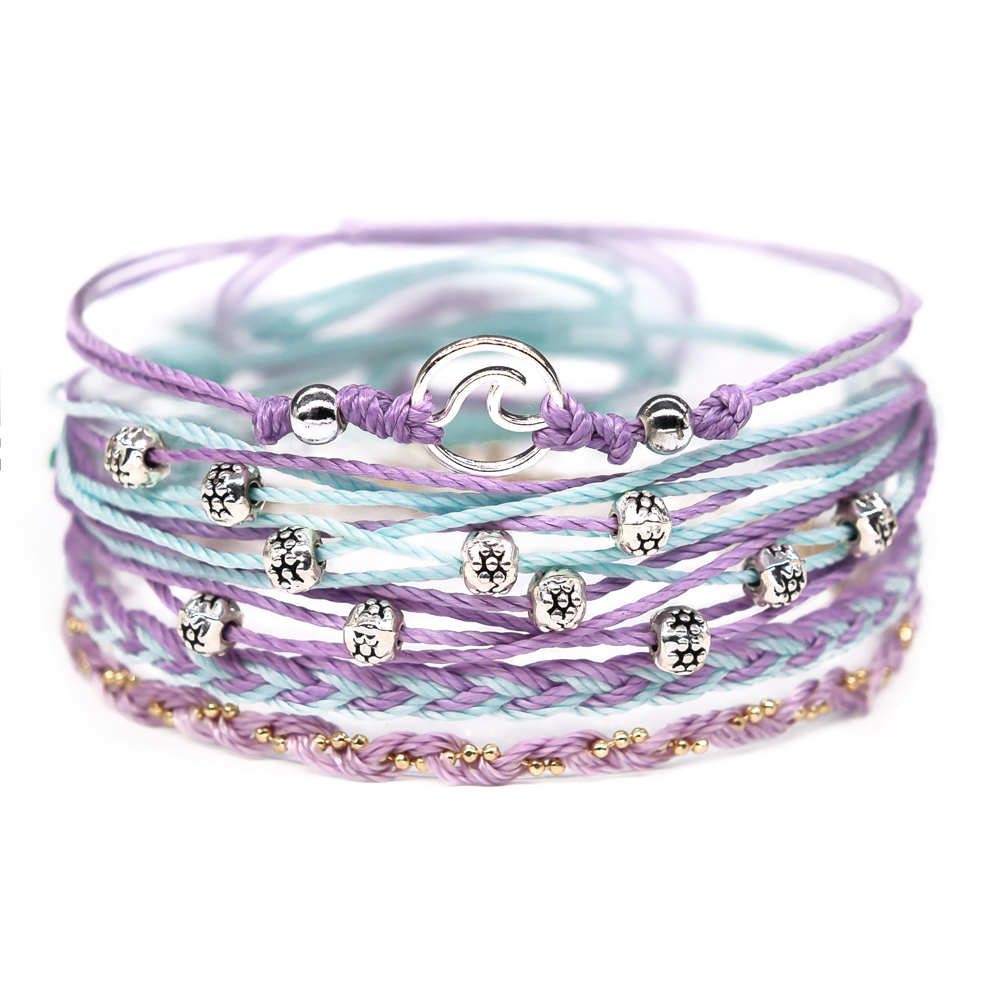 purple wave charm string bracelet stack