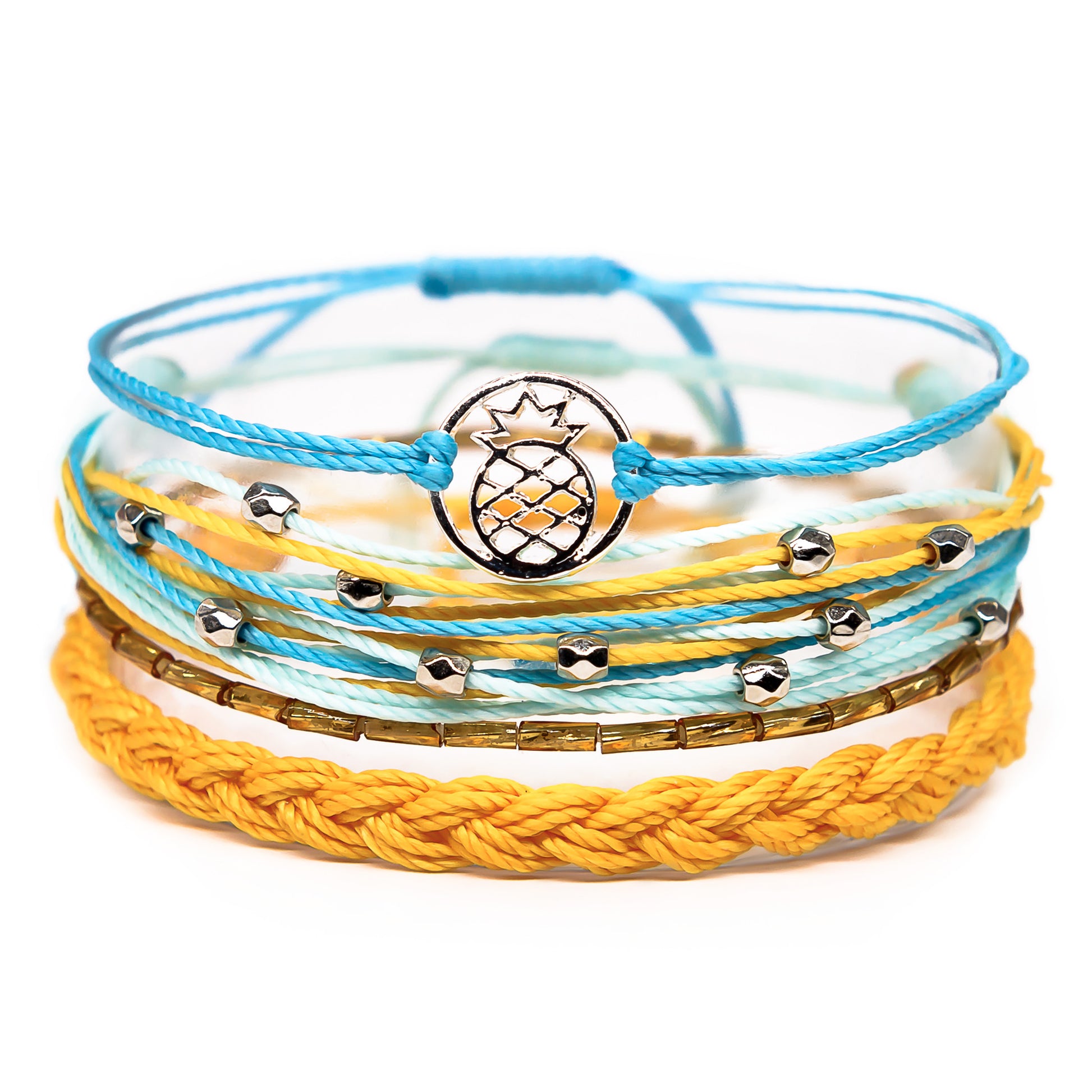 blue and orange girls pineapple charm bracelet stack